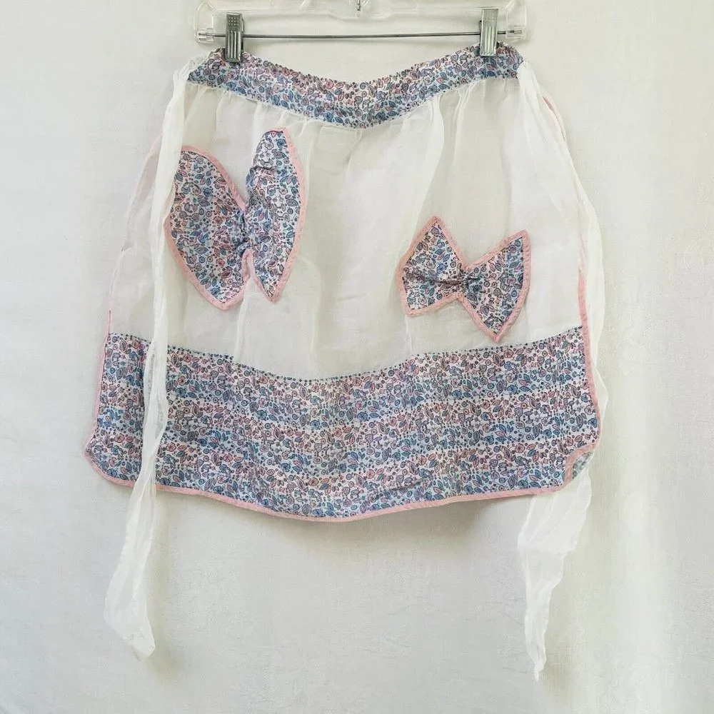 Womens Half Apron White Sheer Floral Lace Trim Cottagecore Bow Party Pink